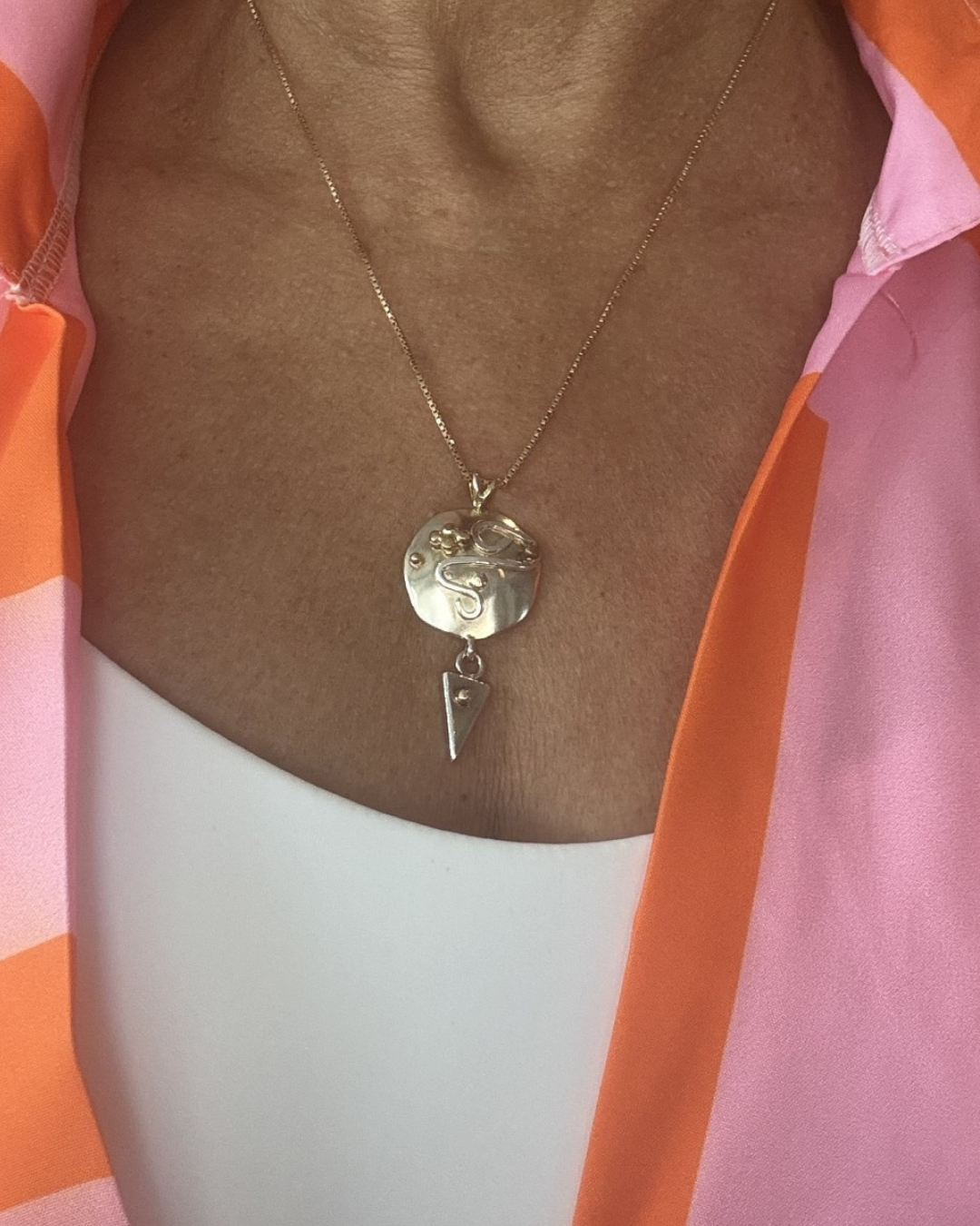 Silver and Gold Zen necklace with 14 K gold accents